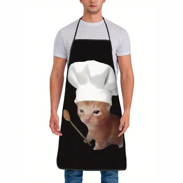 1 pieza Delantal de Chef Gato Divertido - Delantal de Cocina con Gorro de Chef de Gato Atigrado Naranja Lindo, Regalo Perfecto para Cocinar, Hornear, Amantes de los Gatos y Fans de Internet, Accesorio de Cocina para el Hogar, Estilo Humorístico Exagerado