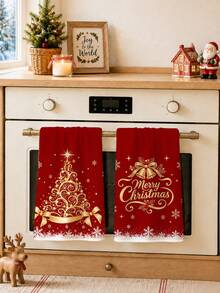 2pcs Christmas Minimalist Red & Gold Christmas Tree Pattern Kitchen Towels, Soft Polyester Dish Cloths, Suitable For Kitchen Decor, Kitchen Cleaning, Holiday Party Decoration, Kitchen & Bathroom Supplies, Home Essentials, Home Decor, Housewarming Gift - Multicolor - View 7