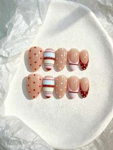 10pcs Pure Handmade Almond Multicolor Press On Nails, Sweet Preppy Style, Nude Base, Red White Polka Dots & Colorful Stripe Patterns For Women And Girls, Spring Summer Fall Winter Festivals Party And Daily Life Use - Multicolor - View 1