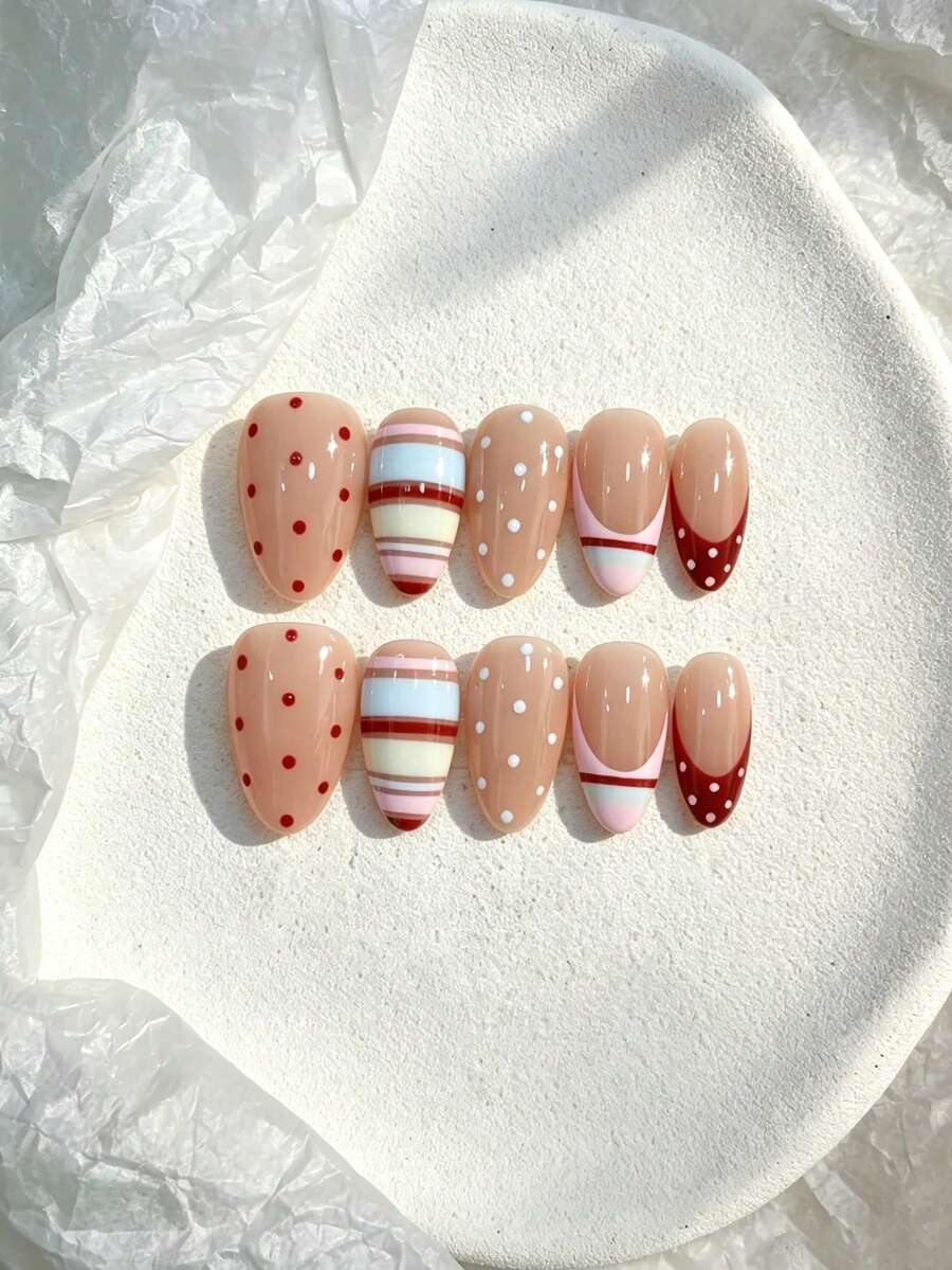 10pcs Pure Handmade Almond Multicolor Press On Nails, Sweet Preppy Style, Nude Base, Red White Polka Dots & Colorful Stripe Patterns For Women And Girls, Spring Summer Fall Winter Festivals Party And Daily Life Use - Multicolor - View 1