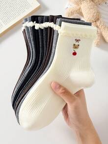 4 Pairs Women's Cute Sweet Breathable Bear Bow Cherry Pattern Short Socks, White Black Casual Comfortable Mid-Calf Socks, School Style Student Socks Gift, Random Color, Suitable For Daily Wear, Spring Summer Autumn Winter All Seasons - Multicolor - View 7
