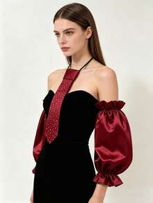 1set Burgundy Satin Detachable Petal Sleeve Cuffs And Rhinestone Decor Neck Tie Set Elegant Accessory For Evening Prom Wedding Party Formal Cosplay - A - View 6
