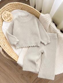 Infant/Toddler Autumn/Winter New 2 Pieces Soft Knit Set, Round Neck Long Sleeve Scalloped Trim Sweater + High Waist Elastic Knit Pants, Warm Knit 2 Pieces Set For Daily Casual And Family Photo Shoots - Camel - View 2