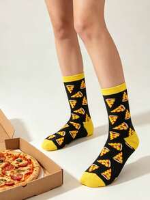 1 Pair Women Black & Yellow Contrast Pizza Food Print Funny Mid-Calf Socks, Soft Breathable All Season Style Suitable For Daily Home Party Casual Wear - Multicolor - View 6