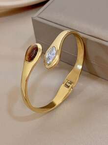 1pc Vintage Double Head Tiger Eye Stone Bangle Bracelet For Women Stainless Steel Golden Bangle Bracelet For Party Birthday Christmas Jewelry Gifts - Multicolor - View 7