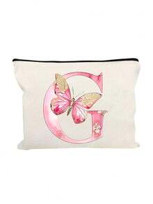 Pink Butterfly Letter A-Z Print White Makeup Bag, Gift For Girls, Cute Vintage Minimalist Fashion Letter Pattern Printed Storage Bag, Cosmetic Pouch, Storage Bag, Makeup Organizer Bag, Toiletry Bag, Clutch, Lightweight Foldable Storage Bag, Simple Shopping Bag, Teacher Gift Clutch, Nurse, Doctor, Teacher Storage Bag, Suitable For Personal Travel Cosmetic Storage - Multicolor - View 25