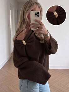 Women's Casual Cute Elegant French Style Gold Button Open Shoulder Long Sleeve Knit Sweater Pullover, Basic Autumn/Winter Outfit Wear - Brown - View 1
