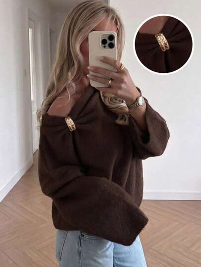 Women's Casual Cute Elegant French Style Gold Button Open Shoulder Long Sleeve Knit Sweater Pullover, Basic Autumn/Winter Outfit Wear