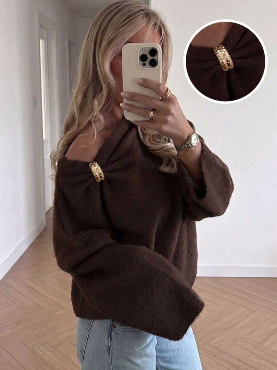 Women's Casual Cute Elegant French Style Gold Button Open Shoulder Long Sleeve Knit Sweater Pullover, Basic Autumn/Winter Outfit Wear - Brown - View 1