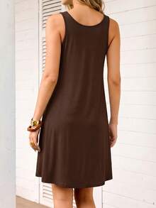 Vestido sin mangas con bolsillo para mujer, color sólido, suelto, vestido de verano, casual, largo - Café integral - Ver 2