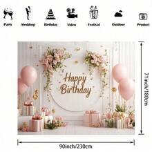2D Flat Banner Elegant Rose Gold Floral Happy Birthday Banner - Polyester, No Power Required, Versatile Party Decoration For Various Occasions - 1 Item - View 6