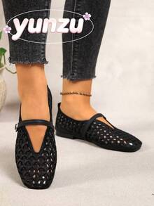 Black Hollow Embroidery Mary Jane Women's Shoes, Square Toe Single Strap Low Vamp Flat Shoes, Breathable Versatile Commuter Loafers For Spring And Summer - Black - View 2