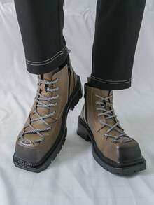 Men's Boots Square Toe Distressed Gradient Toe Cap Contrast Color Thick Rope Shoelaces Side Hidden Zipper Thick Sole Design Sturdy Boot Shape Clean Stitching Men's Casual Shoes Winter Boots Outdoor Commute Men's Boots - Khaki - View 5