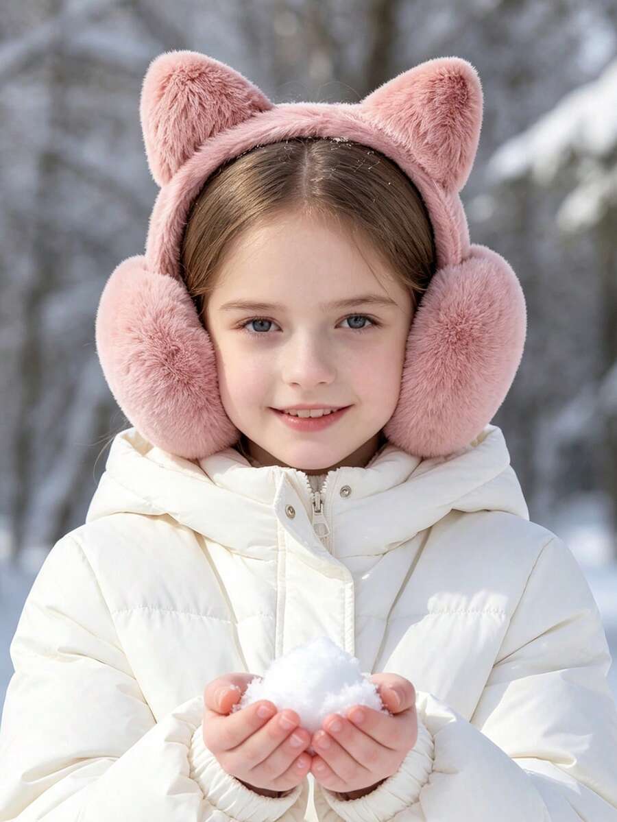 1pc Cute 3D Cat Ear Plush Earmuffs, Women's, Thickened Warm Faux Rabbit Fur, Foldable, Suitable For Students, Girls Daily Commute, Shopping, Cycling, Multiple Colors Available - Multicolor - View 1