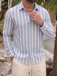 Men's Minimalist Striped Contrast Color Button Casual Long Sleeve Shirt - Multicolor - View 1