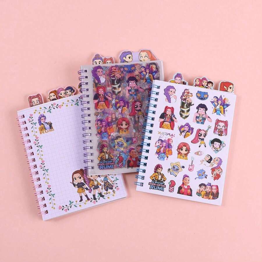KPop Demon Hunters K-Pop 3-Fold Wrap Notebook, Anime Diary With Rumi, Mira, Lumi And Demon Huntresses Group, Includes Sticker Set, Portable Notebook And Desktop Decor, Suitable For School Use, Fan Collection And Party Souvenir - Multicolor - View 1