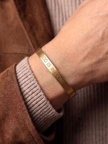 1pc Personalized Versatile Unisex Laser Engraved "GOD IS IN CONTROL" Stainless Steel Open Adjustable Faith Bracelet For Men And Women - Gold - View 2