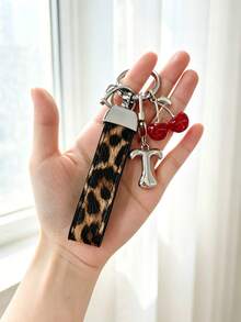 26 Alphabet Car Keychains, Silver Letter Zinc Alloy Accessories, Leopard Print Cherry Pendant, PU Rope Car Lock Key Fob, Car Remote Control Hanging Decoration, Bag Decoration Pendant, Car Key Ring, Key Chain Key Accessories. Holiday Gift, - Letter - View 9