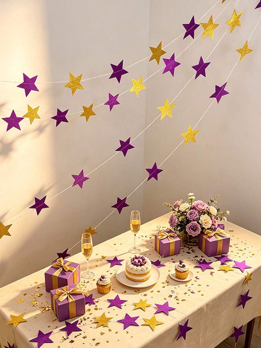 1/3/5/10pcs Glitter Purple & Gold Star Paper Garland, Five-Pointed Star ...