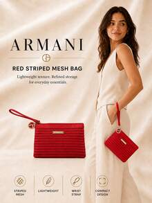 Giorgio Armani Armani Red Striped Mesh Bag, 16*11.5cm, Single Piece, Lightweight With Wrist Strap, Daily Use, Storage For Small Makeup Items - Red - View 3