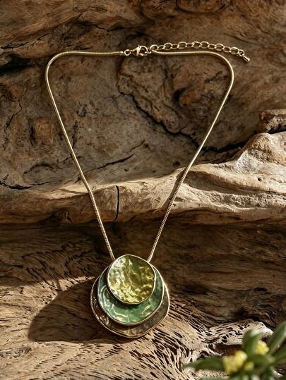 Cring Coco 1pc Vintage Multi‑Layer Irregular Round Pendant Necklace For Women Accessories Snake Chain Enamel Christmas Valentine's Day Daily Party Jewelry Gift