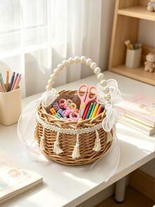 1PC Brown Rattan Basket – Pearl Handle & 2 White Bows, Cute Nursery Storage For Kids Room,Baby Stuff,Room Essentials - Multicolor - View 5