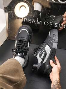 GAISIMA Men's Colorblock Patchwork Skateboard Shoes, Retro Street Style Lace-Up Thick Sole Casual Sneakers, Suitable For Daily Outdoor Wear, All-Season Unisex Design - Black - View 4