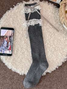 1 Pair Women's Double Layer Lace Trim Bow Mid-Calf Socks, Sweet Lolita JK Style Ribbed Knit Layered Lace Ruffle Socks, Cute Satin Ribbon Bow Decor Mid-Calf Socks, Soft Breathable Casual Socks, Vintage Slouch Socks, Suitable For Denim Boots, Riding Boots, Girls Daily Outfit, Cosplay Outfit - Multicolor - View 11
