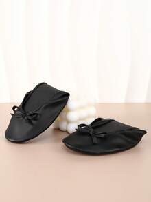 Women's Black Pointed Toe Ballet Flats With Bow, Comfortable Foldable Office Shoes With Shoe Bag - Black - View 3