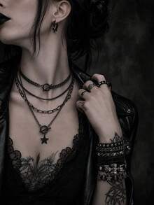6Pcs Goth Punk Faux Leather Set, Skull Star Rivet Bracelets, Multi‑Layer Star OT Chain Necklaces & Spike Earrings, All‑Season Edgy Women Accessories - Multicolor - View 4