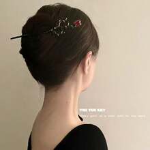 Vintage Branch Rose Hair Stick, Elegant Floral Hair Fork, Women's Daily Updo Accessory - Black + Beige - View 7