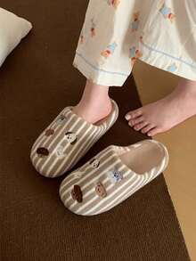 XIXITIAO Cute Embroidered Puppy Arch‑Support Slippers, Winter Striped Plush Home Shoes, Maternity Cozy House Slippers - Brown - View 1