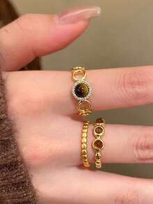 3pcs Vintage Minimalist Copper Alloy Brown Tiger Eye Open Ring Set, Suitable For Women's Daily Wear And Gatherings - Golden Yellow + Brown - View 6