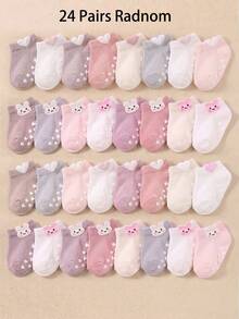 12/24 Pairs Pink Rabbit Jacquard Ear Design Non-Slip Grip Ankle Socks, Toddler Baby First Walker Socks, Soft Breathable Elastic, 0-36M School Baby Socks - Multicolor - View 6
