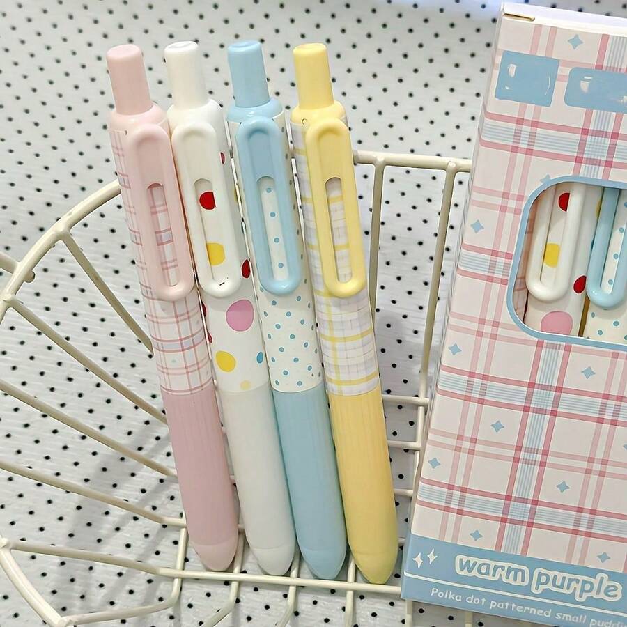 4pcs Macaron Polka Dot Plaid Retractable Neutral Pens, Black Ink Quick-Dry Smooth Highly Attractive Stationery, Student Exam Note-Taking Dedicated, Office Campus Daily Writing Practice Stationery Supplies
