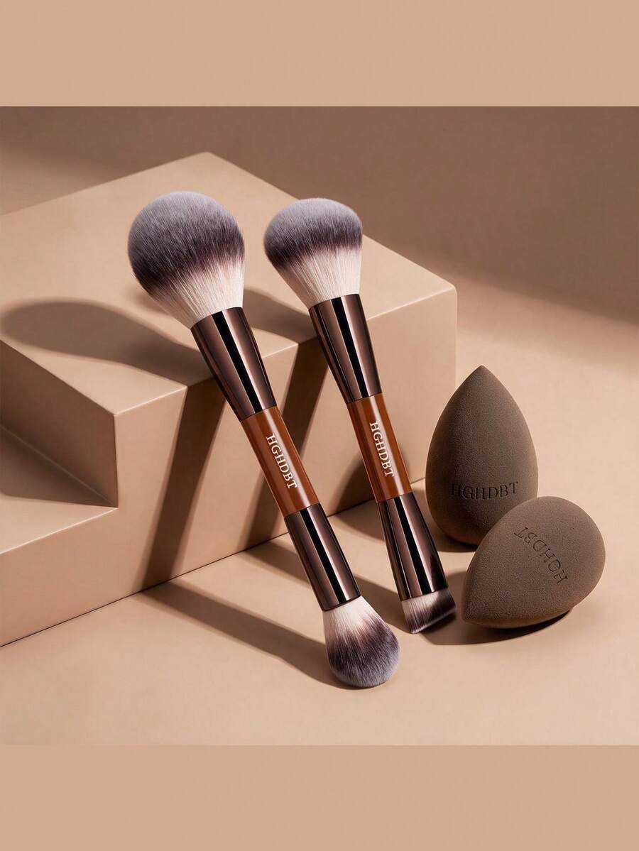 HGHDBT Dual Ended Makeup Brushes Set, Blush Brush, Contour Brush, Makeup Brushes Set, Multi-Brush Head Design Creates Exquisite Makeup, Suitable For Daily Travel Campus Portable Women Gift Christmas Gift - Brown - View 1