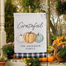 1PC Customizable Family Name Autumn Thanksgiving Garden Flag, Watercolor Pumpkin Black & White Plaid Patchwork Illustration Wall Decor, Linen Double-Sided Yard Decorative Flag, Harvest Thanksgiving Outdoor Yard Balcony Home Decor Hanging Flag (Flag Pole Not Included) - Multicolor - View 8