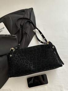 Women's Vintage Leopard Print Tote Bag, Adjustable Shoulder Strap Handbag, Zipper Closure Faux Suede Crossbody Bag, Suitable For Daily Street Wear - Black - View 5