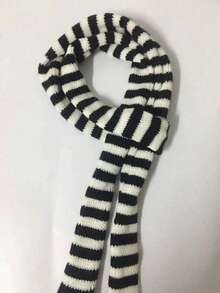 1pc Y2K Vintage Striped Pattern Scarf, Punk Harajuku Subculture Anime Striped Thick Knit Neck Warmer Decorative Scarf For Men And Women, Rocker Daily Outfit - Black and White - View 6
