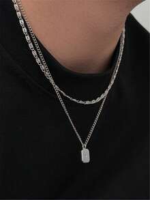 2pcs Minimalist Double Layer Stackable Chain Necklace, Textured Figaro Chain Paired With Thin Cuban Chain, Embellished With Small Star Square Dog Tag Pendant, Casual Men's Neck Accessory - Silver - View 1
