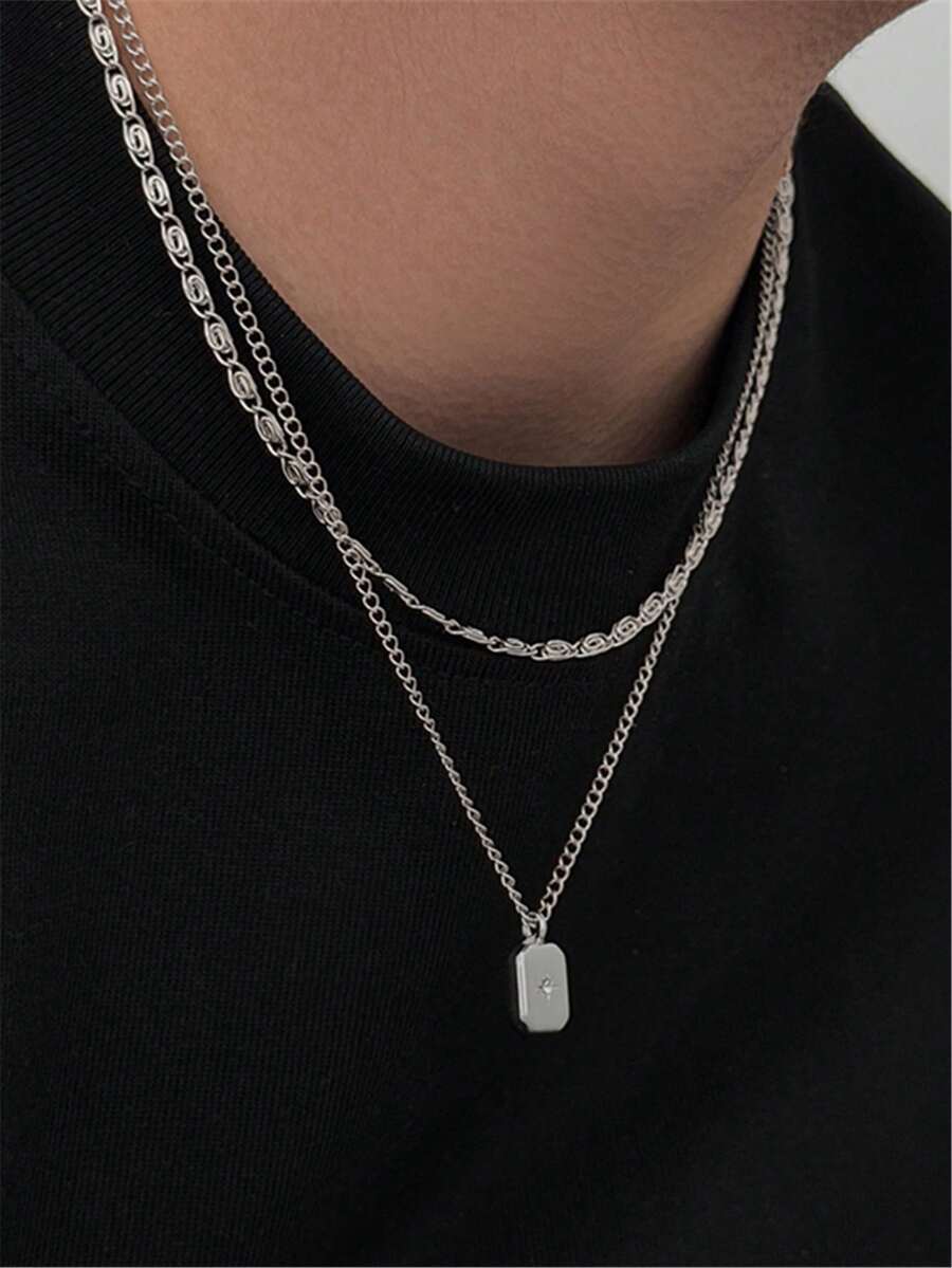 2pcs Minimalist Double Layer Stackable Chain Necklace, Textured Figaro Chain Paired With Thin Cuban Chain, Embellished With Small Star Square Dog Tag Pendant, Casual Men's Neck Accessory - Silver - View 1