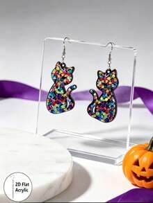 1Pair Colorful Glitter Black Cat 2D Flat Acrylic Dangle Earrings For Women Halloween Party Decor No Box. - Cat - View 2
