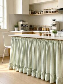 1pc Minimalist Retro Green & White Striped Table Skirt, Ruffle Edge Lightweight Half-Curtain To Hide Cabinet Clutter, Suitable For Entryway Cabinet, Window Sill, Sideboard, Washbasin, Kitchen, Balcony, Bay Window - Green - View 4