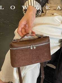 low tea 1pc Box-Shaped Suede Fabric Handbag With Adjustable Shoulder Strap, Suitable For Commuting, Shopping And More - Coffee - View 2