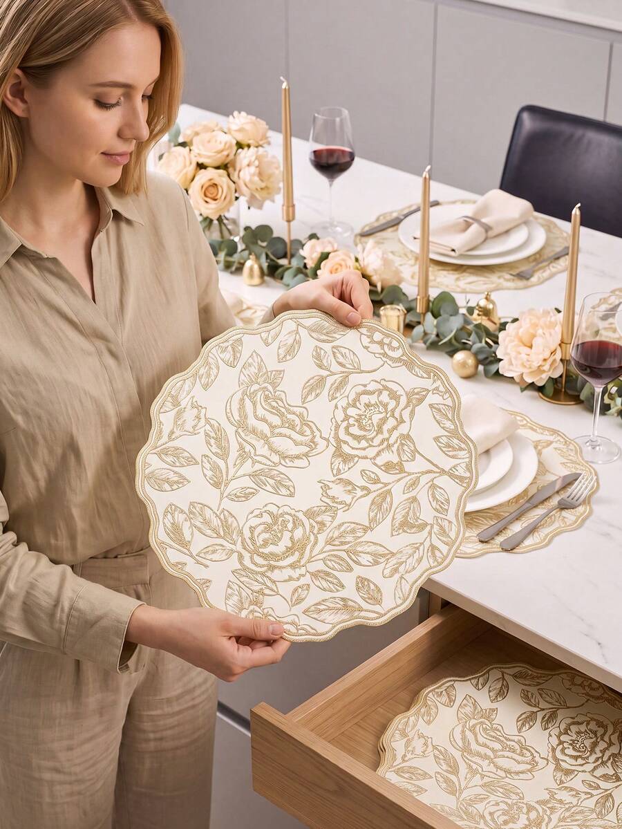 6/120pcs, Gold Round Flower PVC Placemats, Table Mats, Washable Odorless Decorative Mats, Non-Slip Western Style Mats, Suitable For Restaurants, Cafes, Homestays, Fit For Festivals, Parties, Gatherings, Birthdays, Weddings, Dinner Parties. - Multicolor - View 1