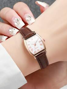 Women's Elegant Fashion Leather Strap Barrel-Shaped Dial Quartz Wristwatch Set (5pcs/Set) Casual, Watch Box Not Included - Multicolor - View 11
