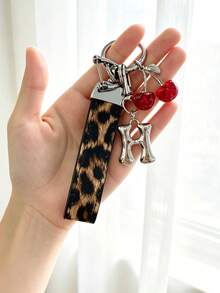26 Alphabet Car Keychains, Silver Letter Zinc Alloy Accessories, Leopard Print Cherry Pendant, PU Rope Car Lock Key Fob, Car Remote Control Hanging Decoration, Bag Decoration Pendant, Car Key Ring, Key Chain Key Accessories. Holiday Gift, - Letter - View 7