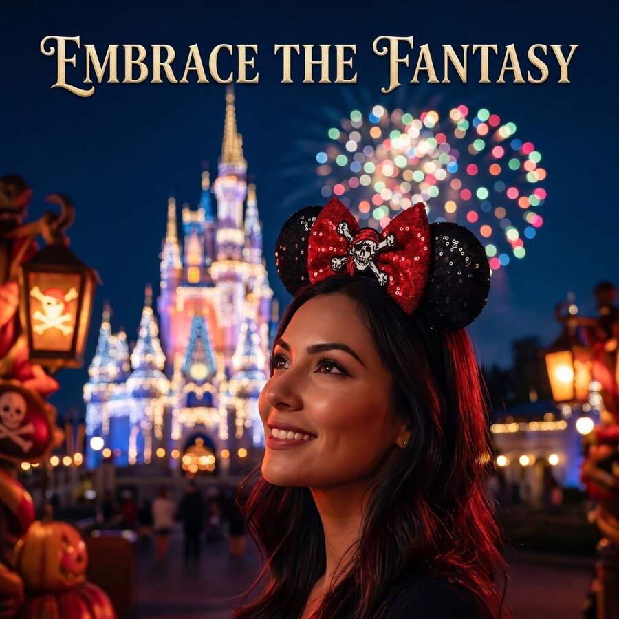 1pc Disney Minnie Ear Headband, Black Sequin Material With Red Bow Decor, Skull And Crossbones Pattern On Top. Designed For Pirate Adventure Theme Park, Perfect For Women To Express Pirate Style And Adventurous Spirit - Multicolor - View 1