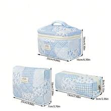 1pc/Set Blue Patchwork Pattern Makeup Bag, Fashionable Large Capacity Multi-Compartment Women's Handbag, Multi-Functional Travel Toiletry Bag, Storage Bag, Organizer Bag For Cosmetics, Makeup Tools And Other Items, Holiday Gift Souvenir - Blue - View 10