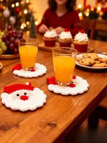 1/2/4pcs Santa Claus Design Knitted Beverage Coasters,Winter Christmas Table Decor,Drink Mats,Heat-Resistant Non-Slip Pads,Soft Handmade Knitted Coasters Suitable For Holiday Kitchen Parties,Christmas Gifts For Family And Friends,Kitchen Essentials - View 4